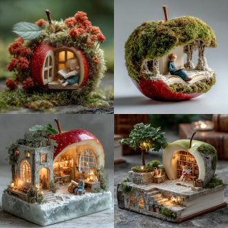 用一个真实的苹果挖出门窗做成一个房子，里面有一个可爱的小精灵坐着看书，童话