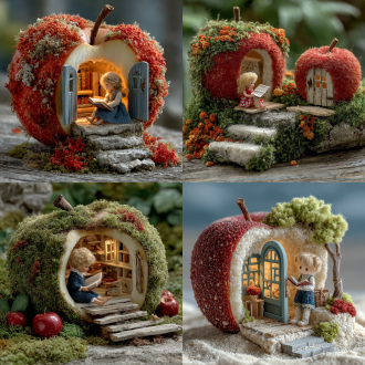 用一个真实的苹果挖出门窗做成一个房子，里面有一个可爱的小精灵坐着看书，童话