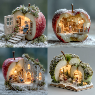 用一个真实的苹果挖出门窗做成一个房子，里面有一个可爱的小精灵坐着看书，童话