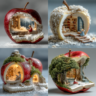 用一个真实的苹果挖出门窗做成一个房子，里面有一个可爱的小精灵坐着看书，童话