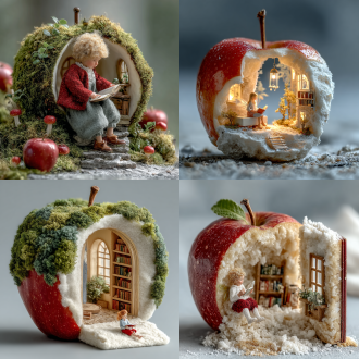 用一个真实的苹果挖出门窗做成一个房子，里面有一个可爱的小精灵坐着看书，童话