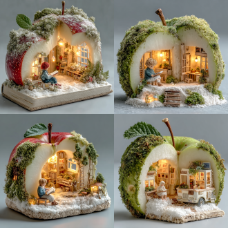 用一个真实的苹果挖出门窗做成一个房子，里面有一个可爱的小精灵坐着看书，童话