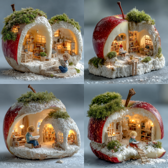 用一个真实的苹果挖出门窗做成一个房子，里面有一个可爱的小精灵坐着看书，童话