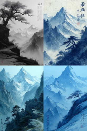 中国山水画，远景是连绵的山峰，层峦叠嶂，近景有悬崖上横向的树枝，有中文书法题词，古色古香