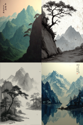中国山水画，远景层峦叠嶂山峰，近景悬崖横向树枝，中文书法题词，古色古香，水墨风格，高分辨率，淡雅色调，宣纸纹理，柔和自然光，静态构图，传统国画笔触，留白艺术，宁静意境，深远透视，细腻笔法，古典雅致
