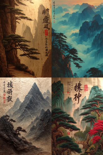 中国山水画，远景是连绵的山峰，层峦叠嶂，近景有悬崖上横向的树枝，有中文书法题词，古色古香