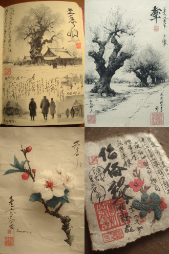 古老的梅花丛，遒劲，腊梅，绿梅，白梅，红梅，中国古画文风，题词和落款盖章等传统因素