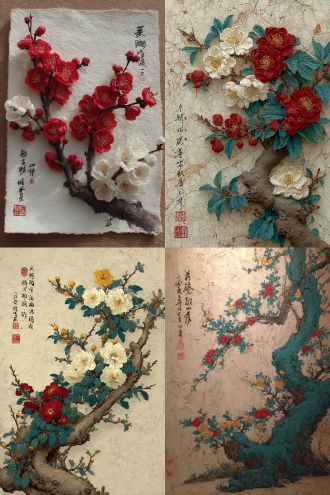 古老的梅花丛，遒劲枝干上腊梅、绿梅、白梅、红梅交错绽放，中国古画文风，淡雅水墨渲染，宣纸纹理背景，题词与朱红落款印章点缀，构图疏密有致，留白意境深远，工笔与写意结合，柔光照射，冷冽冬日氛围，静谧高雅