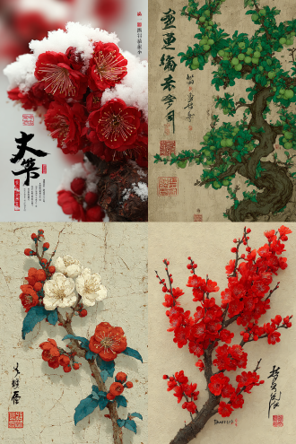古老的梅花丛，遒劲，腊梅，绿梅，白梅，红梅，中国古画文风，题词和落款盖章等传统因素