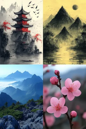 崇山峻岭，悬崖绝壁，梅花横斜，日出疏影，诗情画意，水墨风格，远景构图，金色晨光，薄雾缭绕，长焦镜头，高动态范围，柔和阴影，梅花点缀，岩石纹理，冷色调，宁静致远，古典意境，自然之美，山峦层叠，晨曦微露。