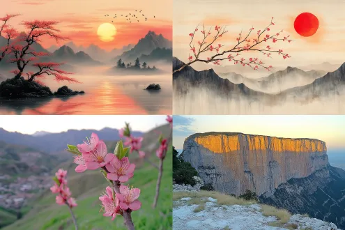 崇山峻岭，悬崖绝壁，梅花横斜，日出疏影，诗情画意