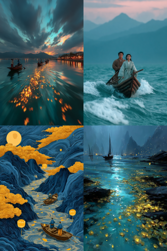 碧海青天云波涌动，日月驾舟明珠移动，广角镜头，梦幻场景，水墨风格，高对比度，深海蓝与金色阳光，长曝光，柔光，远山轮廓，桂花飘散，柚灯温暖光芒，怀旧情感，古典意境，流动感，静谧氛围，仙侠风格，飘逸衣袍，神秘微笑，暖冷色调对比。