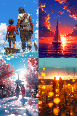 碧海青天云波涌，日月驾舟明珠移，风雨遥寄桂花重，柚灯隔空照故里，壮阔海景，水墨风格，远处小舟，金色明珠，飘摇风雨，桂花飘落，暖色柚灯，怀旧情绪，广角镜头，柔光照射，动态云层，传统服饰，深情凝望，古典意境，冷暖对比，细腻笔触，诗意氛围。