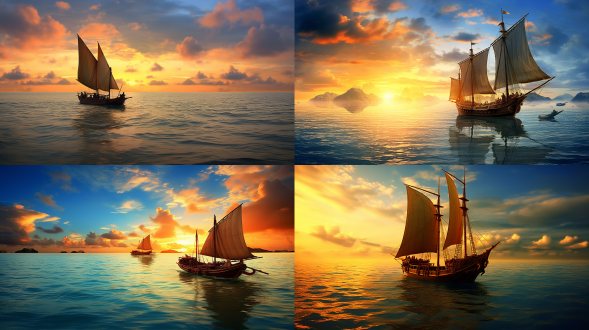 碧海青天云波涌，日月驾舟明珠移，风雨遥寄桂花重，柚灯隔空照故里，壮阔海景，古典帆船，金色夕阳，云层流动，温暖色调，广角镜头，高动态范围，柔光，宁静深沉，帆影倒映，桂花飘落，远处柚灯微光，怀旧情感，水墨质感，史诗氛围。