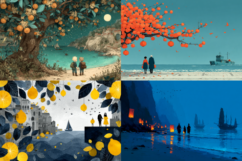 海上远处有船只，海边的月亮从云层中露出，孩子们提着柚子灯在沙滩漫步，淡蓝色的天空飞过小鸟，桂花在空中飞扬，浪漫温馨