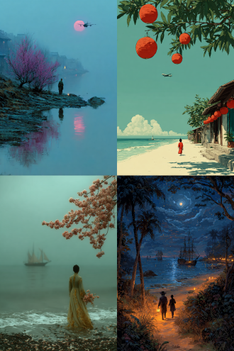 海上远处有船只，海边的月亮从云层中露出，一个书生提着柚子灯在沙滩漫步，淡蓝色的天空飞过飞机，一个古装女子拿着一枝桂花在跳舞，浪漫温馨