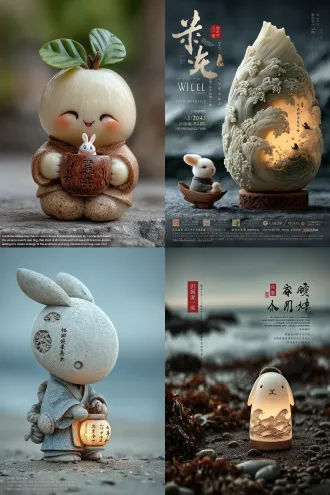 一只可爱的白兔抱着一盏精美的柚子灯，雕刻着小白兔和汉字，写着“碧海青天云波涌日月驾舟明珠移风雨遥寄桂花重柚灯隔空照故里”字样，月色夜景，地上落满桂花，中秋商品设计