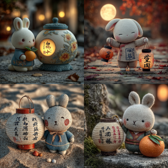 "可爱白兔抱柚子灯，灯上刻小白兔和诗句'碧海青天云波涌……'，中秋月色夜景，满地桂花，温暖光影，微距特写，柔焦效果，浅景深，暖色调，传统中国风，细腻雕刻，安静祥和，圆月背景，金色点缀，温馨氛围，节日气氛，文化元素"