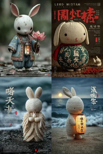 一只可爱的白兔抱着一盏精美的柚子灯，雕刻着小白兔和汉字，写着“碧海青天云波涌日月驾舟明珠移风雨遥寄桂花重柚灯隔空照故里”字样，月色夜景，地上落满桂花，中秋商品设计