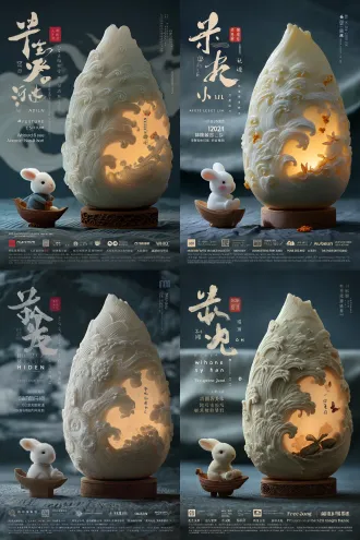 一只可爱的白兔抱着一盏精美的柚子灯，雕刻着小白兔和汉字，写着“碧海青天云波涌日月驾舟明珠移风雨遥寄桂花重柚灯隔空照故里”字样，月色夜景，地上落满桂花，中秋商品设计