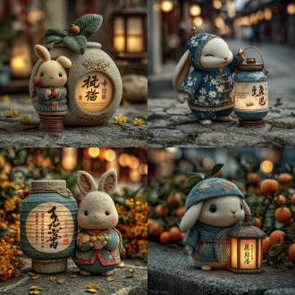 "可爱白兔抱柚子灯，灯上刻小白兔和诗句'碧海青天云波涌……'，中秋月色夜景，满地桂花，温暖光影，微距特写，柔焦效果，浅景深，暖色调，传统中国风，细腻雕刻，安静祥和，圆月背景，金色点缀，温馨氛围，节日气氛，文化元素"