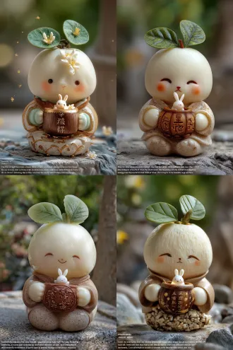 一只可爱的白兔抱着一盏精美的柚子灯，雕刻着小白兔和汉字，写着“碧海青天云波涌日月驾舟明珠移风雨遥寄桂花重柚灯隔空照故里”字样，月色夜景，地上落满桂花，中秋商品设计