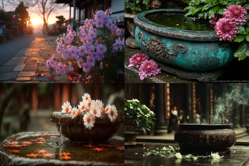 南国雨后铜炉生，九九霜降露未寒。 城北日华霞满树，吟风嗅菊落笔香。