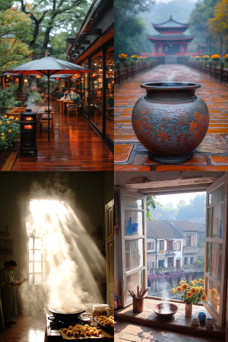 "南国雨后铜炉生，古色古香茶室，暖光透过窗棂，铜炉蒸汽袅袅，窗外细雨蒙蒙，银杏叶落，文人执笔写诗，身着青色长袍，神态悠然，桌上菊花点缀，淡雅水彩风格，浅景深，50mm定焦，柔光，静谧氛围，暖黄色调，诗意盎然。"