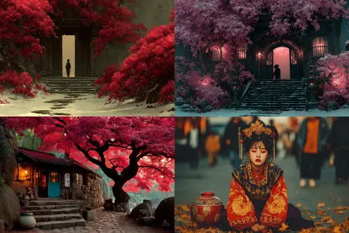 庭深扇落阶。谁携壶、步摇迟迟，金凤头钗。紫气东来茱萸红，日暮银发冲冠。兴尽归，择风送雨。露浓霜寒秋满怀，云烟游、逢人不说愁。雁南飞，百花随。