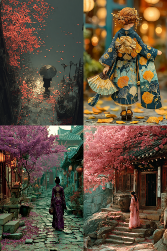 深庭落叶，折扇轻落台阶，女子执壶缓步，头戴金凤步摇，紫气东来映茱萸红，暮光银发飘逸，风雨欲来，秋霜露浓，云烟缭绕，大雁南飞，百花凋零，哀愁内敛。古典国风，对称构图，暖冷色调对比，长焦镜头，柔和侧光，慢速快门，落叶飘动，细腻质感，含蓄情感。