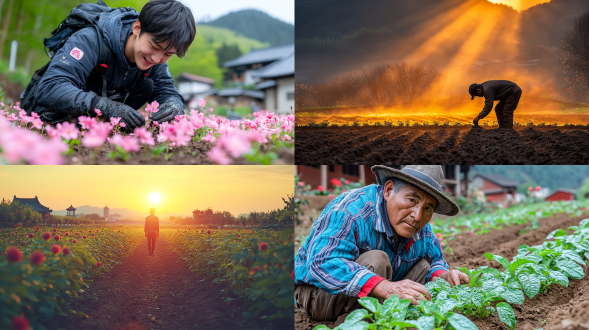 "东篱园圃沐浴阳光，翠绿幼苗茁壮成长，农夫弯腰耕作，汗水滴落土壤，远处杏花纷飞，古朴书院隐约可见，暖色调，自然光，微距与广角结合，细腻质感，动态模糊，田园诗意，宁静致远，生机盎然。"