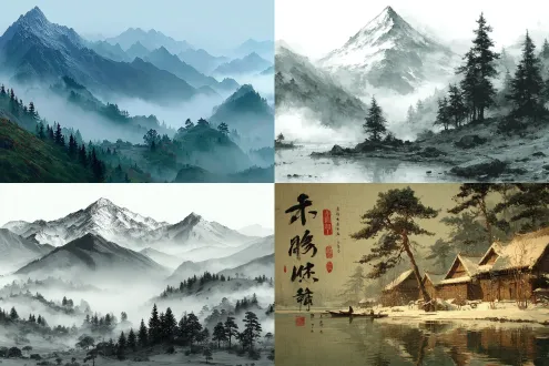泼墨随写意 春山秋水云松 行吟天地间 冰雪初藏锋 浅醉重挥毫 烟雨晓风残虹 一曲南屏钟 修竹添几丛