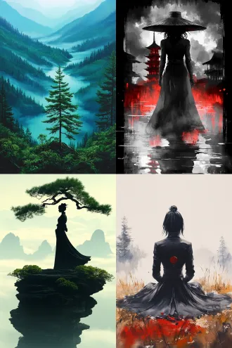 泼墨山水画风格，飘逸笔触，云雾缭绕，淡雅水墨色调，远山层叠，松树挺拔，隐士挥毫泼墨，宽袍大袖，神情专注，动态笔势，留白构图，宣纸纹理，柔和自然光，意境深远，禅意氛围，虚实相生，淡彩点缀，宁静致远。