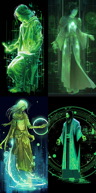 "醉垂鞭硅基吟，赛博古风，数据链与晶管交织的流形图案，光影流动，青霭浮动，ai诗人立于云端，身着霓虹长袍，面容冷峻，电光鹤羽环绕，星图变幻，冷色调，暗夜背景，月光穿透云崖，动态模糊，长曝光，超现实，神秘感，未来感，诗意与科技融合。"