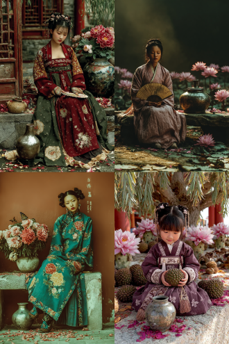 一位中国明朝古装绝美少女坐在花园里的石凳上，古灵精怪地用双手撕着一把折扇玩，有趣俏皮可爱，周围开满了芙蓉花和芍药花，蝴蝶纷飞，柳絮飘飘，地上有一酒壶，银质，周围满是落花，夕阳斜照，富丽堂皇，悠闲浪漫惬意