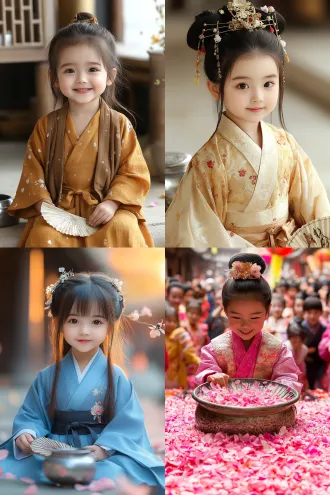 "中国明朝古装少女坐在花园石凳上，撕折扇玩耍，俏皮可爱，芙蓉花与芍药盛开，蝴蝶纷飞，柳絮飘飘，地上银质酒壶，落花满地，夕阳斜照，富丽堂皇，悠闲浪漫，暖色调，黄金时刻光线，浅景深，85mm镜头，柔焦效果，细腻质感，古典美学，生动表情，优雅服饰，华丽细节，自然氛围，梦幻场景"
