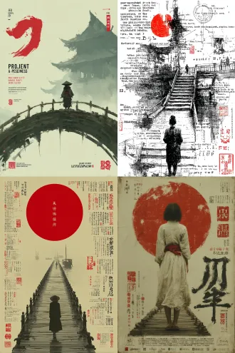 json "prompt": "ancient chinese style, ink painting style, a woman in traditional chinese clothing stands on a bridge, there are moon, railings, chinese characters and red seals in the background"
