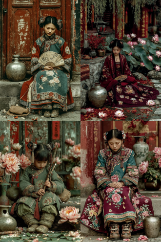 一位中国明朝古装绝美少女坐在花园里的石凳上，古灵精怪地用双手撕着一把折扇玩，有趣俏皮可爱，周围开满了芙蓉花和芍药花，蝴蝶纷飞，柳絮飘飘，地上有一酒壶，银质，周围满是落花，夕阳斜照，富丽堂皇，悠闲浪漫惬意