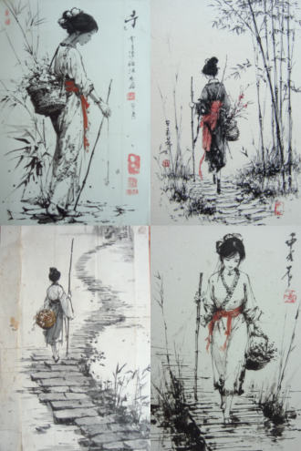 一位中国古装绝美女子扛着一把小巧精致的登山杖，挑着一个竹编花篮，行走在竹林的小石径上，突出古风长相身材神韵的清秀苗条斯文优雅轻盈，飘着小雪，地上满是落花，变成高清摄影风格，写实照片。