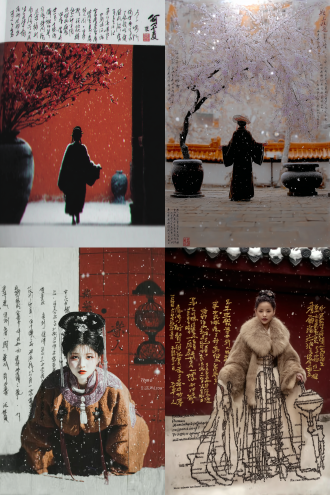 夕阳下雪花纷飞，中国古装女子穿着卡其色毛绒斗篷披风站在红墙前，披风边缘淡紫色绒毛，高贵典雅，身后腊梅盛开，金色琉璃瓦映雪光，墙上树影斑驳，古老龙井水井旁，冷暖色对比强烈，高清摄影，写实风格，广角镜头，侧逆光，雪花飘落，宁静唯美，华丽冬日场景。