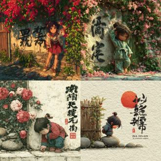 蔷薇花盛开，清晨阳光明媚，花瓣纷飞，一位中国古装女童靠在竹篱笆花墙边的精美的隔山石壁旁，低头弯腰抬手整理自己耳后的发鬓，右手在前面，左手绕到脑后用发夹夹住散落的发丝，表情天真无邪娇俏。墙上写着大幅汉字书法，洋洋洒洒。