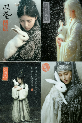 月色雪山，素衣仙女抱白兔，银装冰挂雾凇，仙气缭绕，神秘宁静，高清写实摄影，冷色调，长焦镜头，柔光逆光，雪花飘落，清冷氛围，细腻纹理，雪地足迹，优雅步态，古典服饰，轻盈薄纱，安静微笑，雪山远景，自然光效。