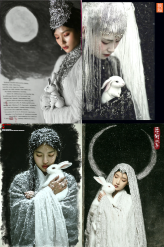 月色雪山，素衣仙女抱白兔，银装冰挂雾凇，仙气缭绕，神秘宁静，高清写实摄影，冷色调，长焦镜头，柔光逆光，雪花飘落，清冷氛围，细腻纹理，雪地足迹，优雅步态，古典服饰，轻盈薄纱，安静微笑，雪山远景，自然光效。