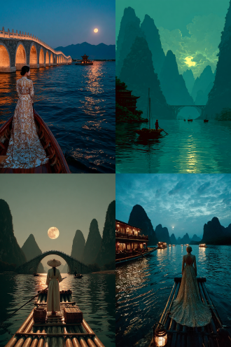 一位中国古代装束的美人站在船头吹箫，湖面上横跨着长长的精美汉白玉洞桥，远处群峰耸立，月光下宛如雪山，几艘船只漂泊在水面上，静谧的夜色，一轮明月高照，白云飘浮在月亮周围，形成彩色的月晕，水中倒影着月色，高清摄影风格，写实照片。