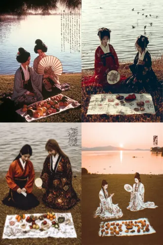 两位中国服饰华丽的古装女子，正在湖边的草坪上野餐，一个坐在草坪上，另一个拿着团扇捕捉纷飞的蝴蝶，地上铺着一块布，上面摆着各种甜点和水果，苹果雪梨葡萄草莓橘子西瓜等，夕阳和岸边的倒影，水中的飞鸟，人物的斜影，休闲，趣味盎然，高清摄影风格，写实照片。