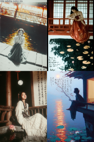 韩国古代美人，凉亭长凳，背靠栏杆，扭头欣赏夜色荷花，静谧优雅，高清摄影，木结构建筑，油漆光泽，明月高照，树影婆娑，水面倒影，荷花盛开，暖色调，中长焦镜头，柔光，细腻肤质，传统韩服，精致发饰，宁静氛围。