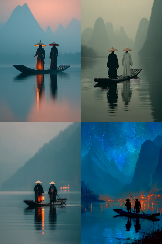 两位中国古装女侠站在船头，一个黑衣，一个白衣，都戴着武侠专用的斗笠竹编帽，蒙着透明的面纱，湖面波光粼粼，远处群山环绕，雪峰在星月下神秘梦幻，倒影清晰可见，高清摄影风格，写实照片。