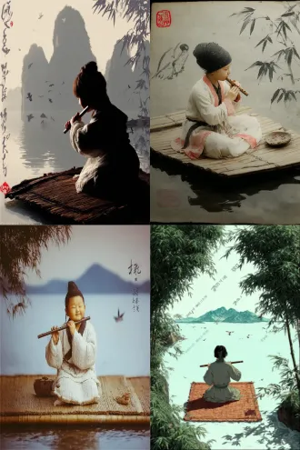 中国古装女童跪坐吹笛，湖边竹席，波光粼粼，远山倒影，群鸟飞翔，渔人撑杆高歌，修竹丛生，树影婆娑，花瓣飞扬，竹笋冒出，晨光柔和，高清摄影，写实风格，广角镜头，自然光，温暖色调，生动可爱，宁静氛围，细节丰富，35mm焦距，浅景深，侧逆光，微风轻拂，古风服饰，专注神情，竹笛悠扬。