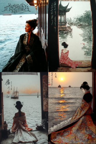 一位中国古装美人坐在船舱内，穿着斗篷披风，欣赏眼前如画如诗的美景，湖面波光粼粼，夕阳映照在水面，有其他船只的倒影，另一艘楼船正好闯入舷窗内的视角，阳光透过卷起来的竹帘照在船内，高清摄影风格，写实照片。，