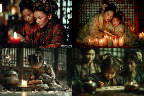 中国古装女童人坐窗前用金钗拨动烛花，顽皮可爱，转真人，身后有年轻的母亲在捧着书本专注阅读，侧颜优雅，古典妆容，柔光漫射，红木窗棂，烛光暖调，细腻光影，丝绸汉服飘逸，静谧氛围，微斜构图，浅景深，柔焦效果，复古色调，静谧典雅，夜景，室内精致的复古家具，书香气息。